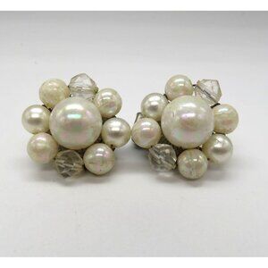Cluster Earrings  Clip On Imitation Pearl Faceted Clear Beads Vintage Japan